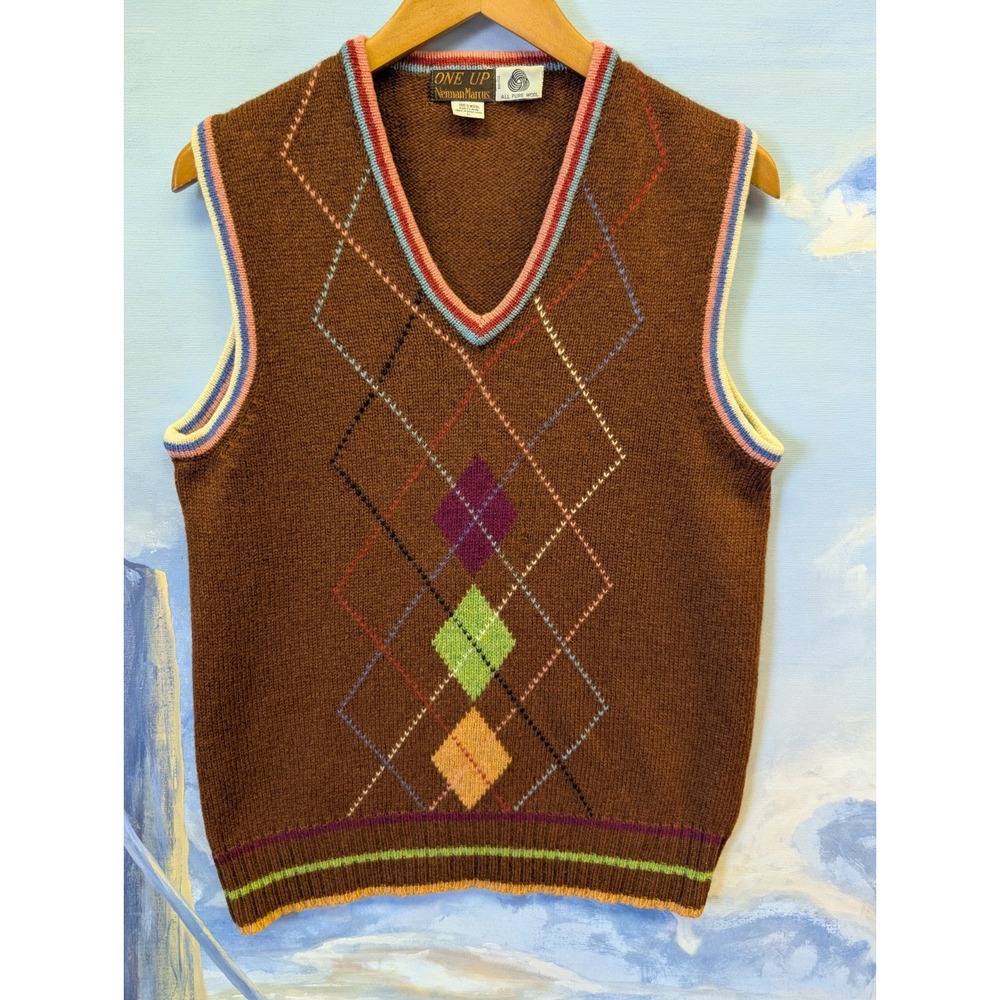 Vintage Up Up Neiman Marcus L Shetland Wool Argyle Sweater Vest LNC!